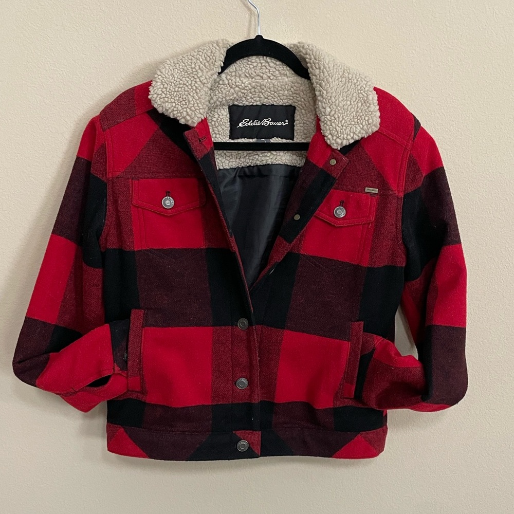 Eddie Bauer Red Plaid Women’s Jacket with Shearling Trim